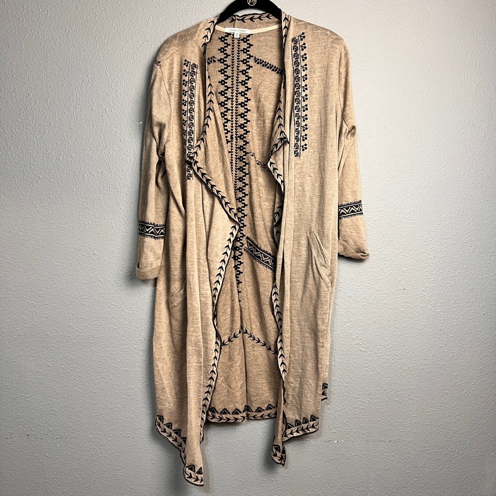 John Mark Med Tan Black Tribal‎ Geometric Embroidered Open Front Duster Cardigan